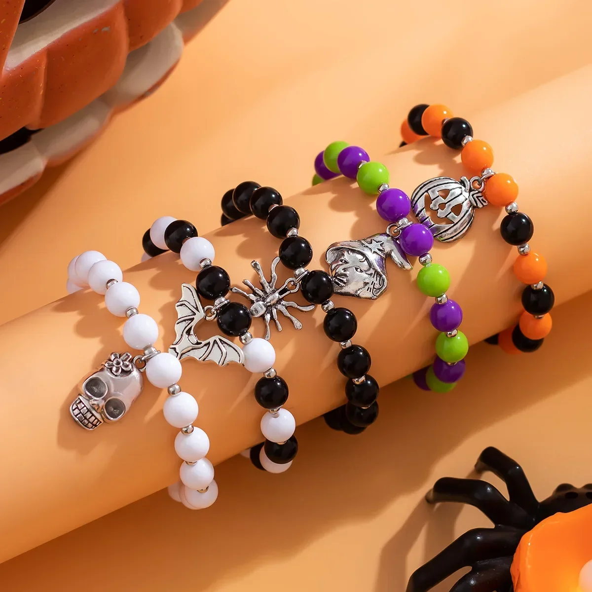 5pcs Multi-layer Bracelet Halloween Grimace Beaded Bracelet Skeleton Witch Pendant Beads Bracelet