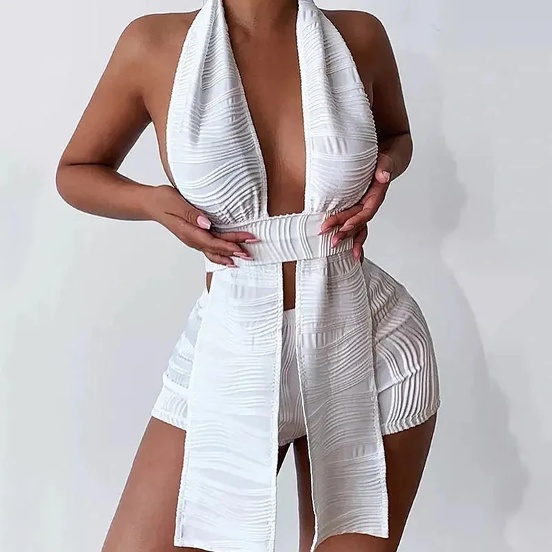 

Sexy Party Two Piece Set for Women Short Sets Halter Backless V-neck Y2K Top and Shorts Rave Night Club Outfit Conjuntos Curtos