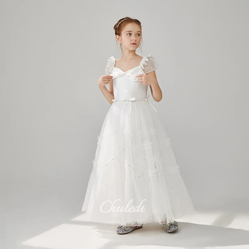 Flower Girl Dresses White Flocked Lace Bow Decoration Girls Gowns Princess Dresses