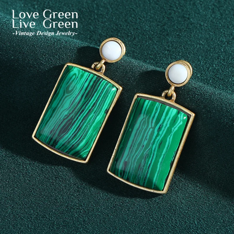 

Vintage Geometric Square Green Stone Drop Earring Malachite Quality Luxury Designer Jewelry For Woman Accessories Christmas 2025
