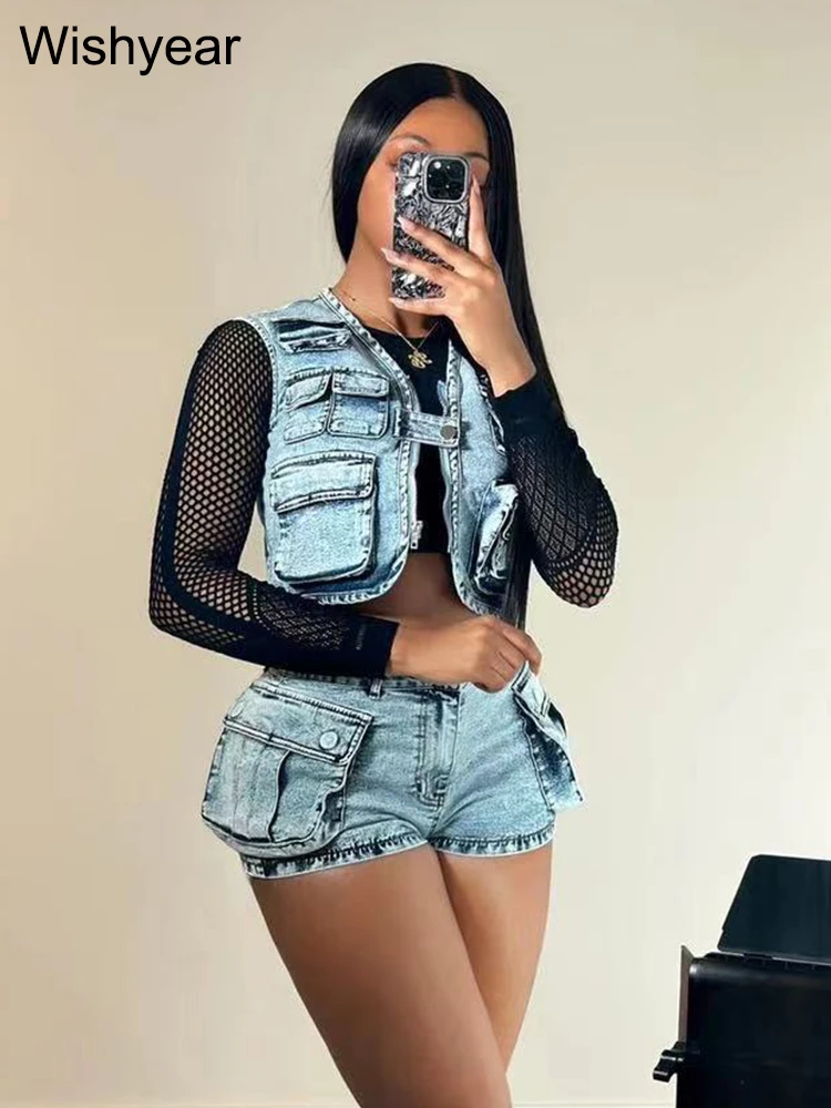 Sexy Stretch Denim Pockets Sleeveless Vest Jackets Crop Tops and Shorts Jeans Women Two 2 Piece Set Birthday Club Beach Outfits