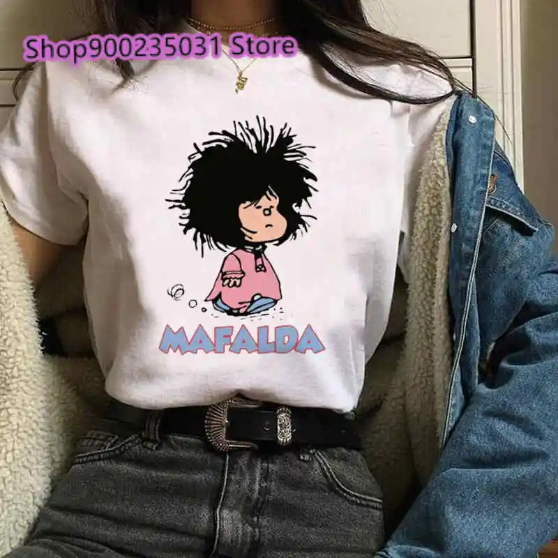 Harajuku T-shirt Women Mafalda Graphic Short Sleeve T-shirts Streetwear O-Neck Black Tops Tee 90s Cartoon Tshirt Femme