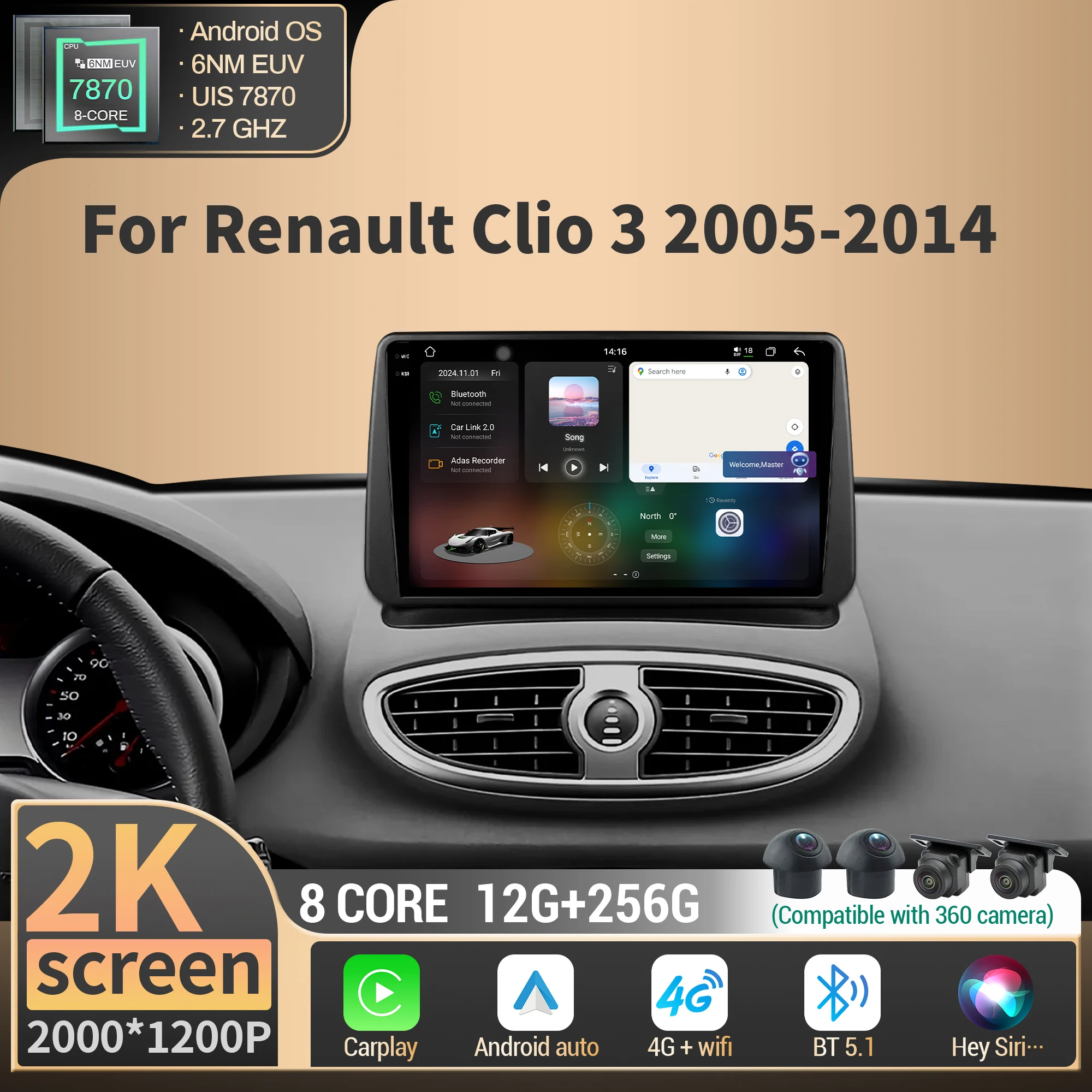 

For Renault Clio 3 2005-2014 Android Car Radio Multimedia Navigation Wireless Carplay Stereo GPS 4G CPU 7870 2K QLED Screen