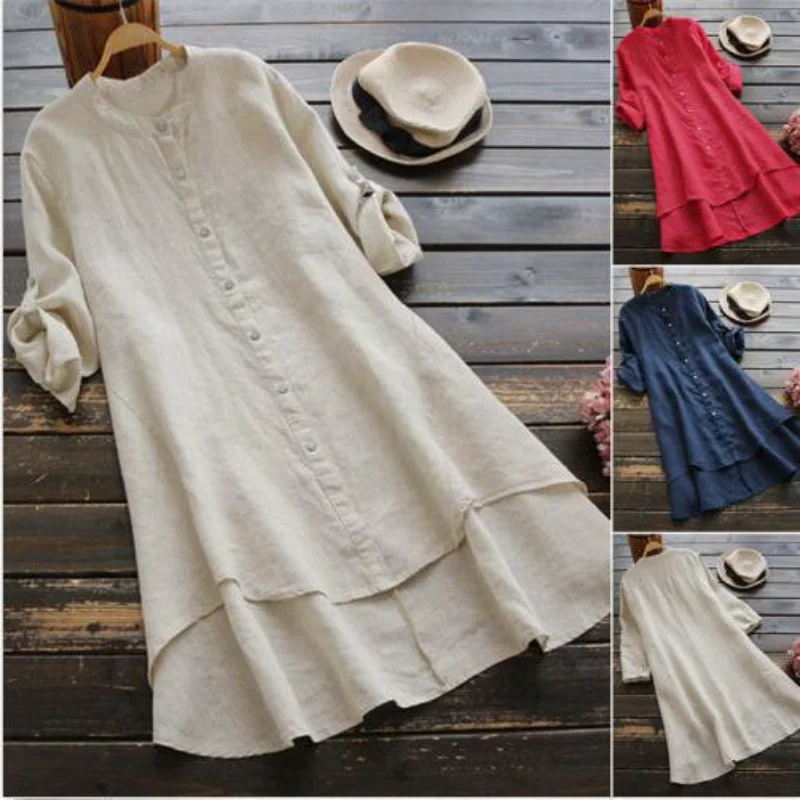 

2025 NEW Women's Long Sleeve Shirt Dress Monochromatic Button Cotton Linen Cardigan Round Neck Sweet Casual Style