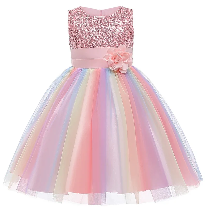 Flower Girls Wedding Evening Party Dresses For Girls Baby Children Dress Rainbow Color Tutu Princess Dress For Kids 2 5 10 Years