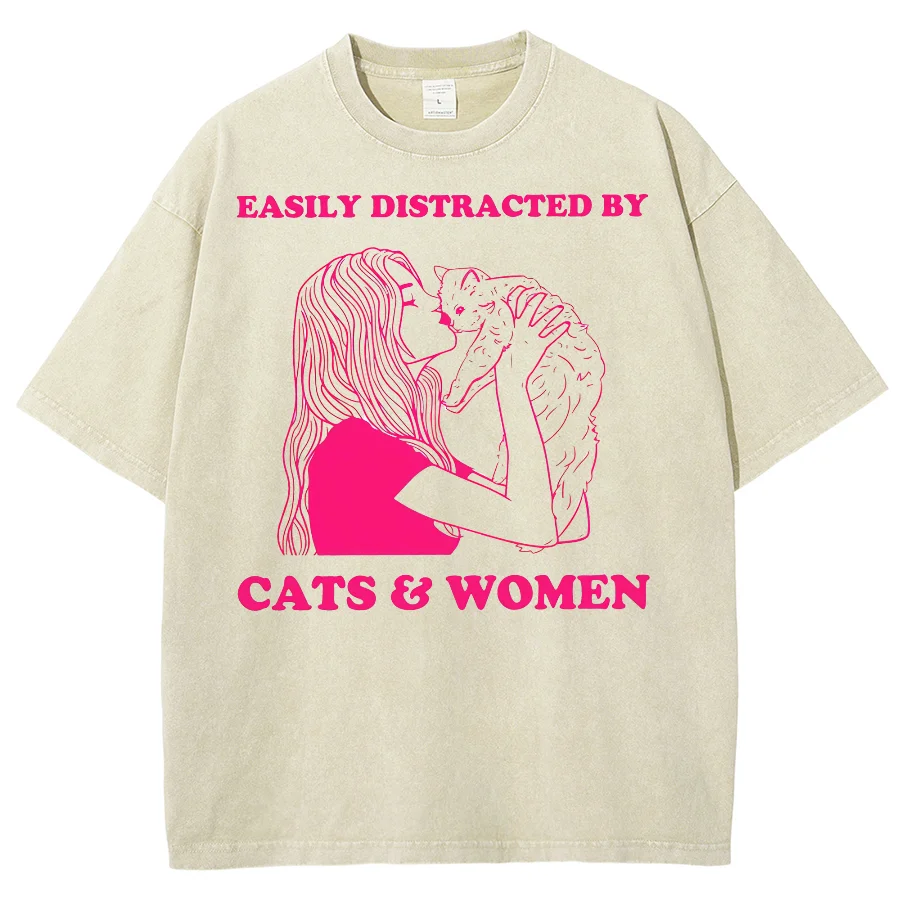 American Vintage Woman And Cat Print Women's T-shirt Street Trend Hip-hop Short-sleeved Washed Fabric Round Neck Tops