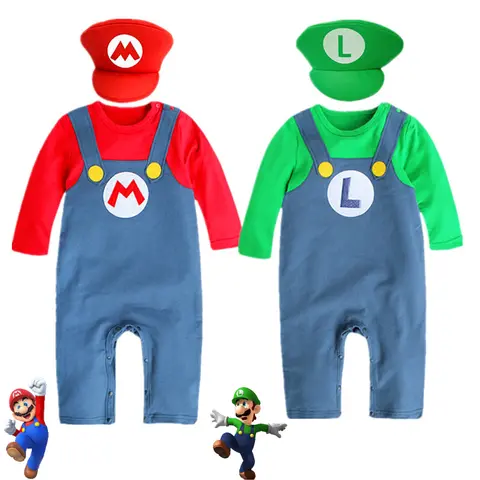 Marios Figure Newborn Clothes with Hat Set Luigi Long Sleeved Suit Baby Rompers Toddlers Costume Onesie Pyjamsas Birthday Gift