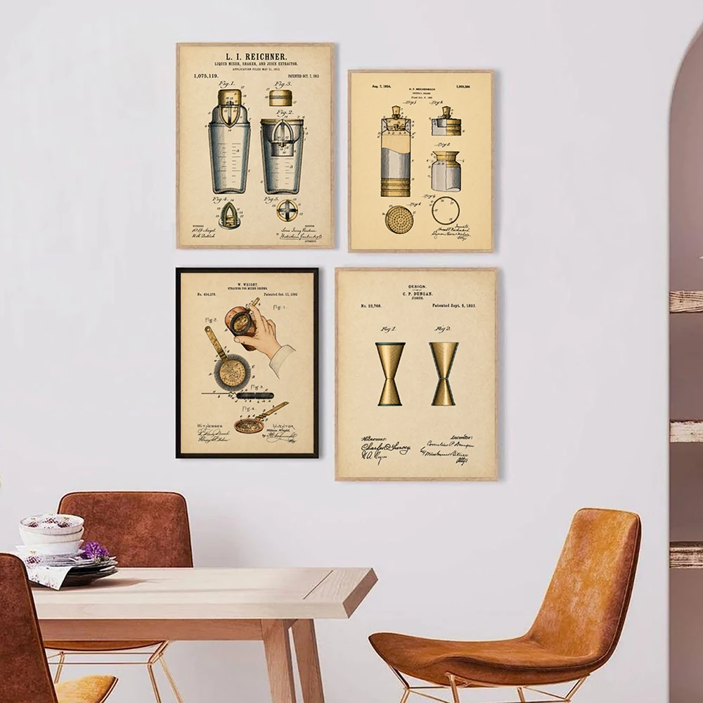 Cocktail Tools Retro Patent Art Prints Industrial Style Posters Vintage Cocktail Shaker Canvas Painting Kitchen Wall Decor