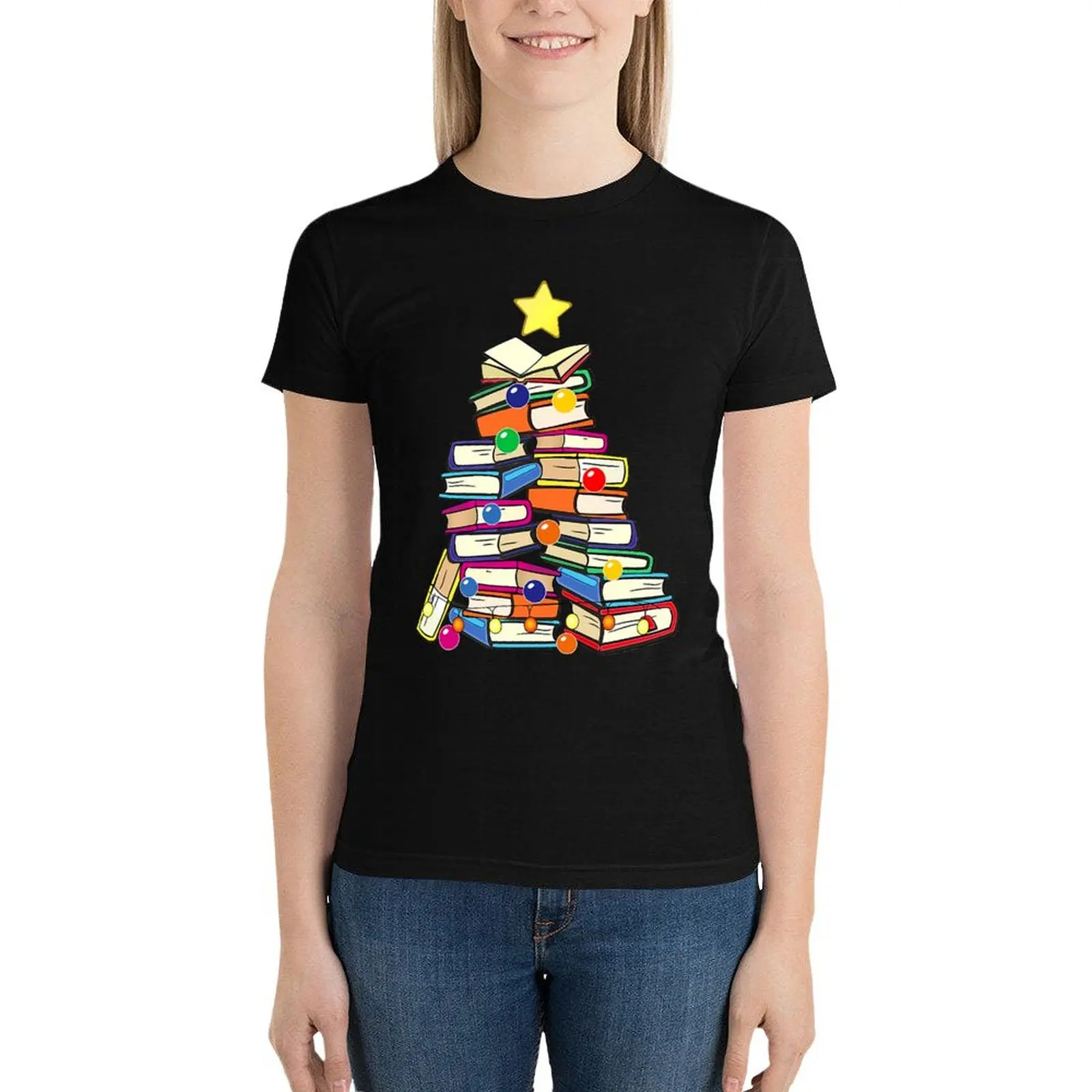 

Book Lover Christmas Tree Bookworm Librarian Merry Christmas T-Shirt lady clothes tops plus size tops tshirts for Women