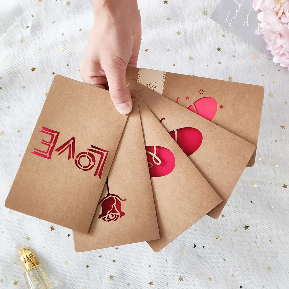 Vintage Kraft Paper Valentine\'s Day Greeting Card with Envelope Cutout Love Heart Rose Mother\'s Day Thank you Card Blessing Gift