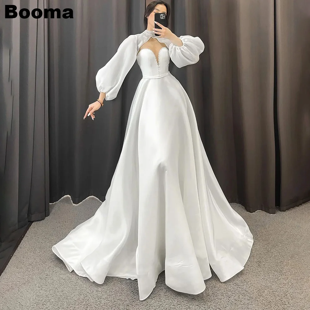 Booma Elegant Long Wedding Dresses Long Puff Sleeves Sweetheart Stain Wedding Party Gowns Bridals Prom Dresses for Women 2023