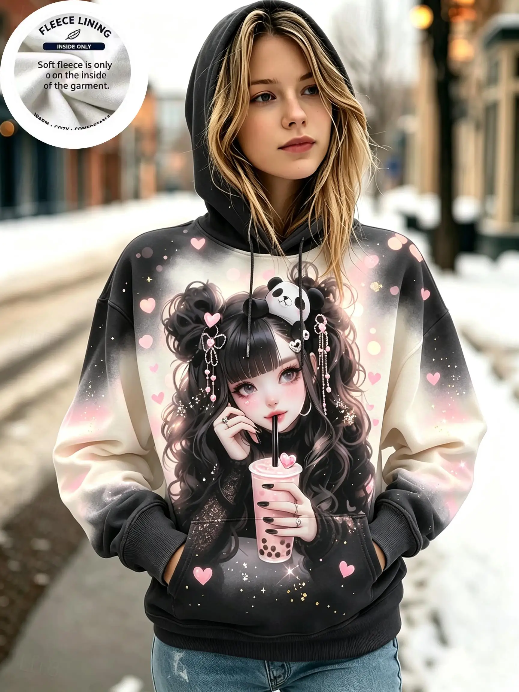 Women Fleece Hoodie, Gradient Anime Girl Print Hooded Sweatshirt Space Astronaut Steampunk Cartoon Pullover