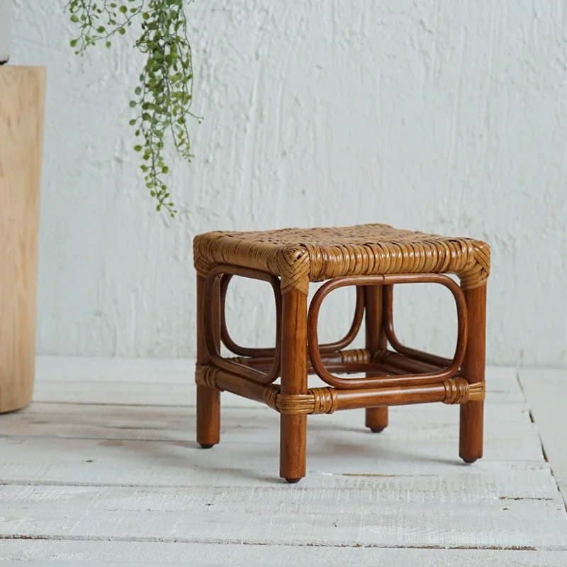 Hand Woven Rattan Stool,Retro Pastoral Stools,Outdoor Camping Chair,Home Furniture,Shoe Changing Footstool,Mobile Seat
