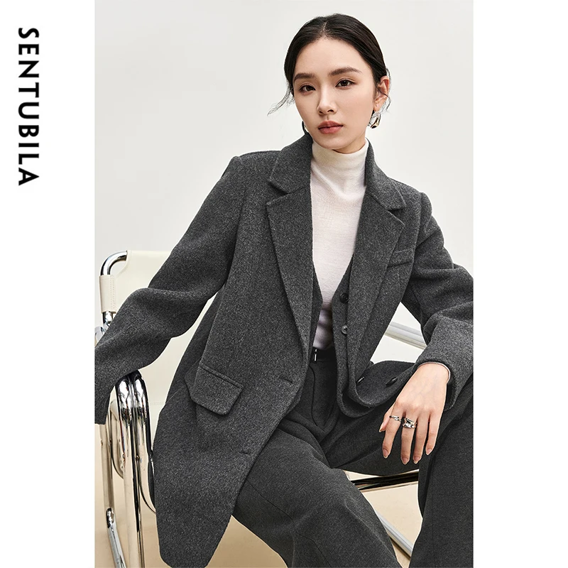 SENTUBILA 100% Woolen Coat for Women 2024 Winter Straight Double Sided Office Lady Work Business Texture Warm Suit W44O56271