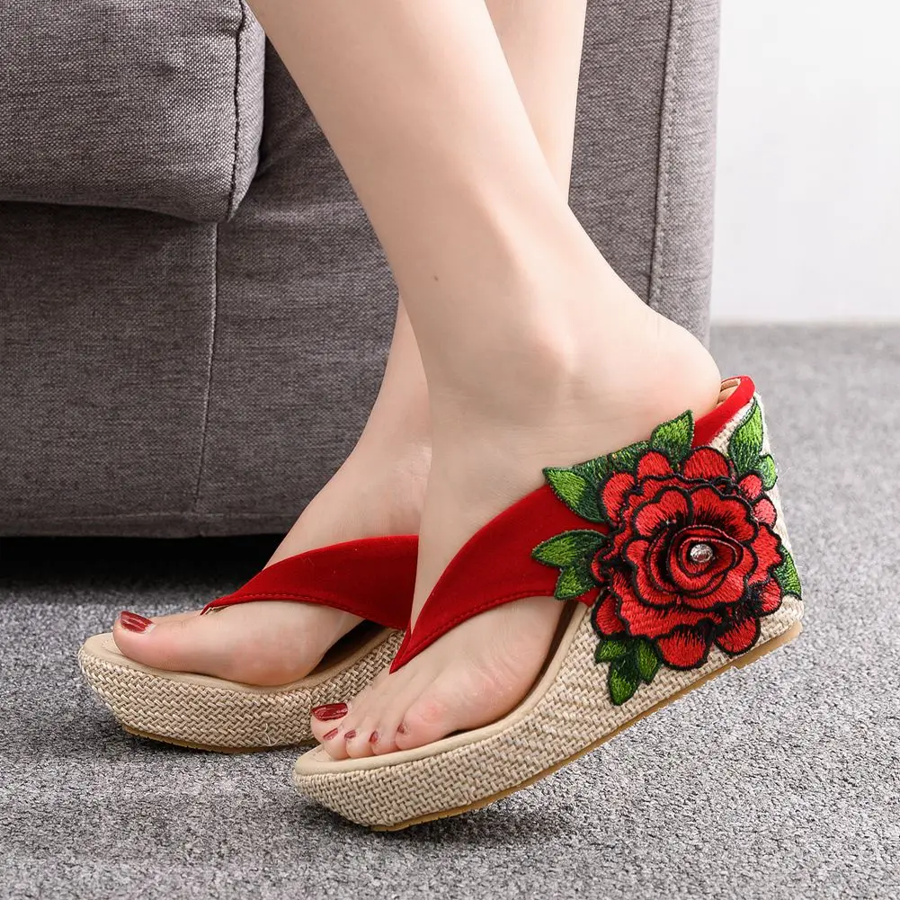 Women Flower Beach Sandals Platform Wedges Sandals High Heels Wedges Slippers Flip Flops view 6