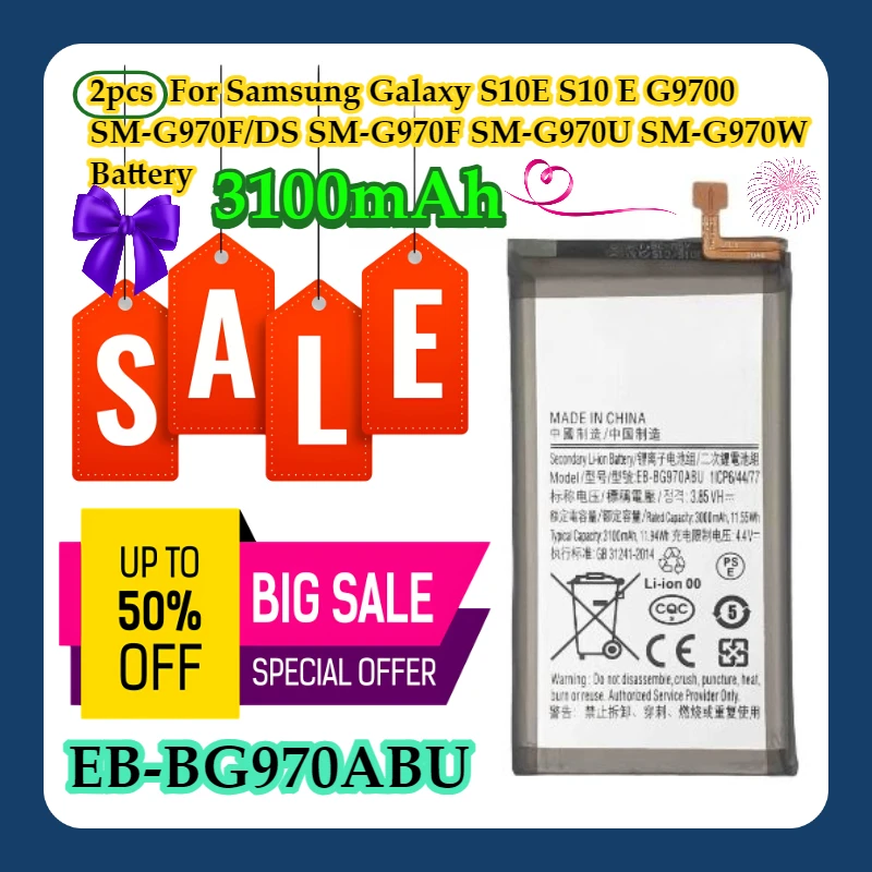 2pcs For Samsung Galaxy S10E S10 E G9700 SM-G970F/DS SM-G970F SM-G970U SM-G970WEB-BG970ABU 3100mAh Battery