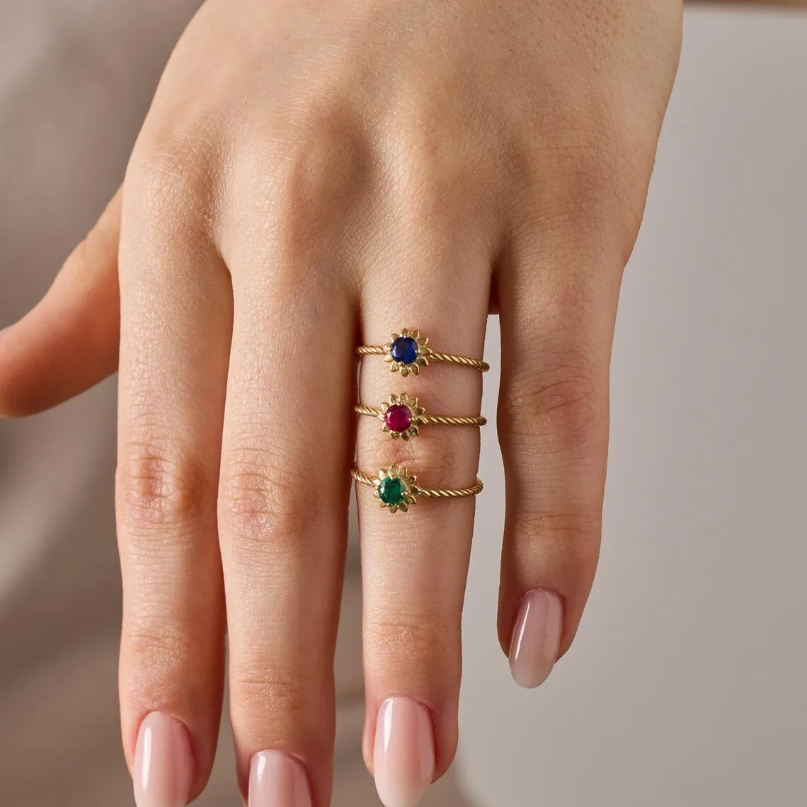 

Custom Birthstone Ring 18K Gold Plated Personalized Sunburst Flower Ring Twisted Rope Band Dainty Stackable Simple Jewelry Gift