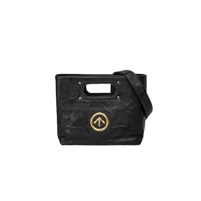 GROTTO Black Stone CARRY Small Italian Vegetable-Tanned Lambskin Handbag Crossbody Bag Portable and Simple