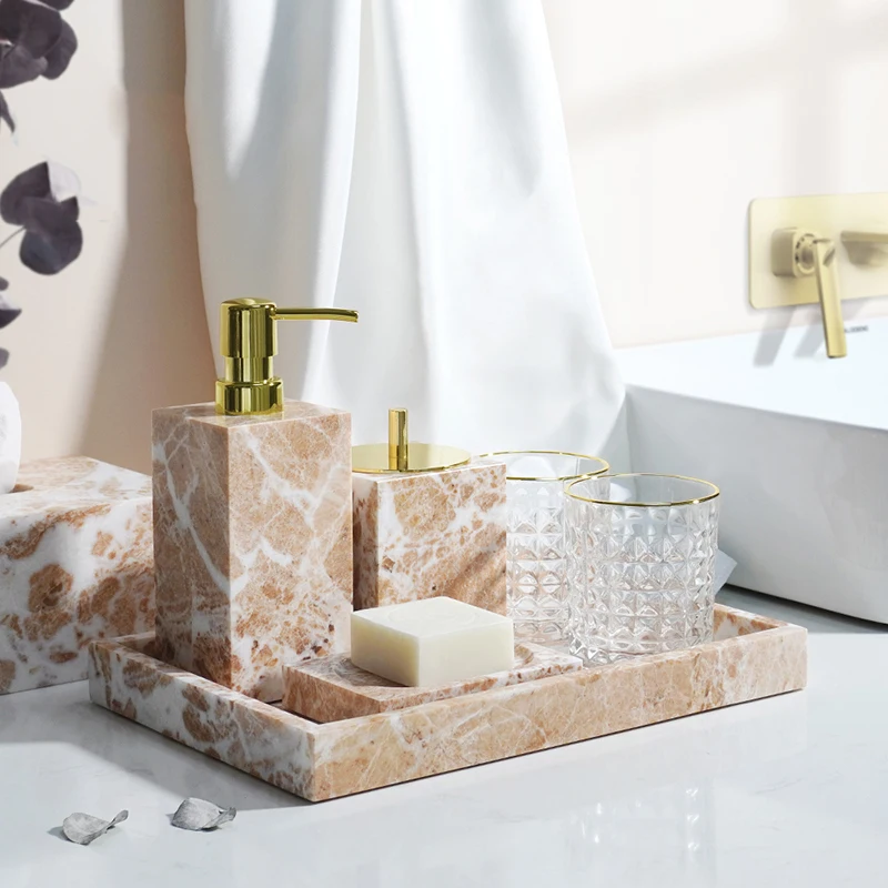 Coral Pink Natural Marble Set for Bathroom Soap Dispenser Soap Dish Toothbrush Holder Tissue Box Tray Bathroom Accessories
