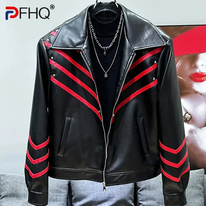 PFHQ Autumn Winter Trend New Fashionable Men's Motorcycle Jacket American PU Leather Contrasting Design  Pu Leather Coat