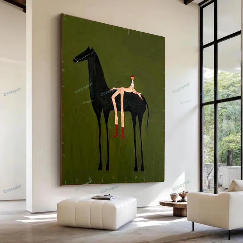 Vintage Olive Green Abstract Horse & Figure Canvas Wall Art Textured Minimalist Large Surreal Painting Figure Home Decor