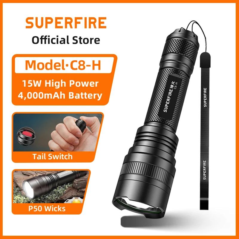 Superfire C8-H 15W Super Bright Rechargeable Flashlight LED 1200 Lumens Tactical Flashlight with 18650 Battery Camping Lantern