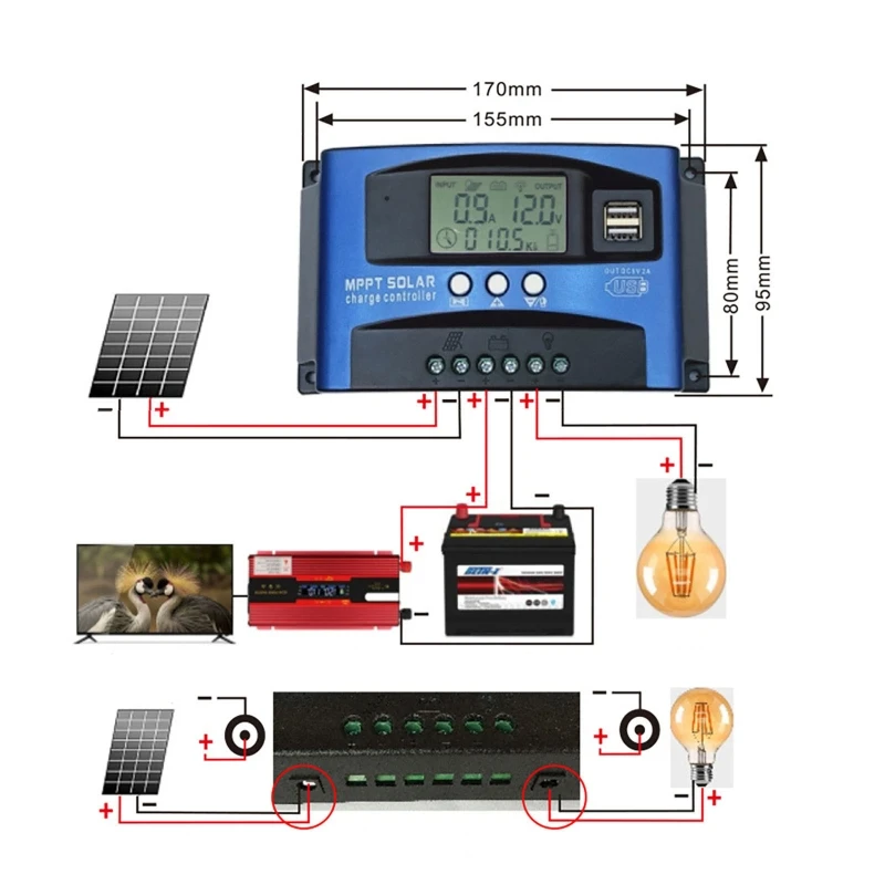 MPPT Solar Charge Controller 30A 40A 50A 60A 100A Dual USB LCD Display 12V 24V Solar Cell Panel Charger Regulator with Load