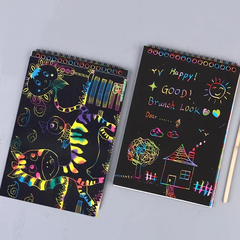 Cuaderno de Graffiti de bobina Kawaii DIY, página negra, libro de dibujo mágico, Bloc de notas de pintura para niños, Bloc de notas, regalo de papelería