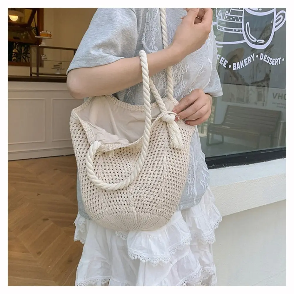 

Elegant Bohemian Knitted Shoulder Bag Hollowed Out Sweet Casual Woven Handbag Solid Color Spacious Sundries Storage Bag Summer