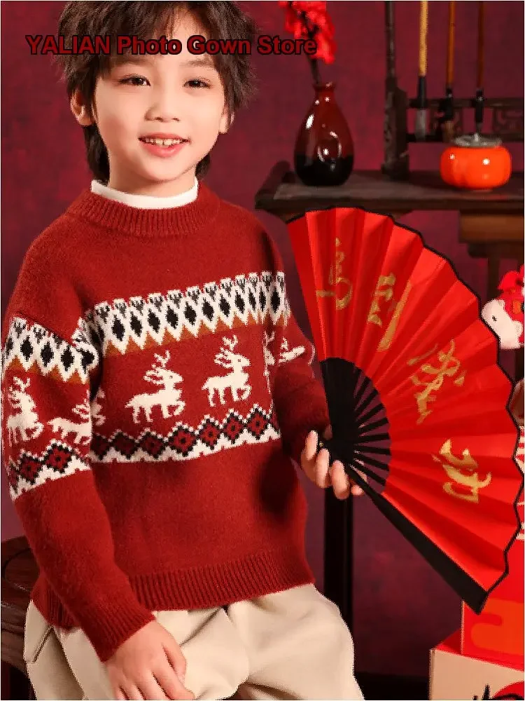 Boys Thickened Autumn Winter Knit Top with Fleece Lined for Festive New Year Celebrations Kids