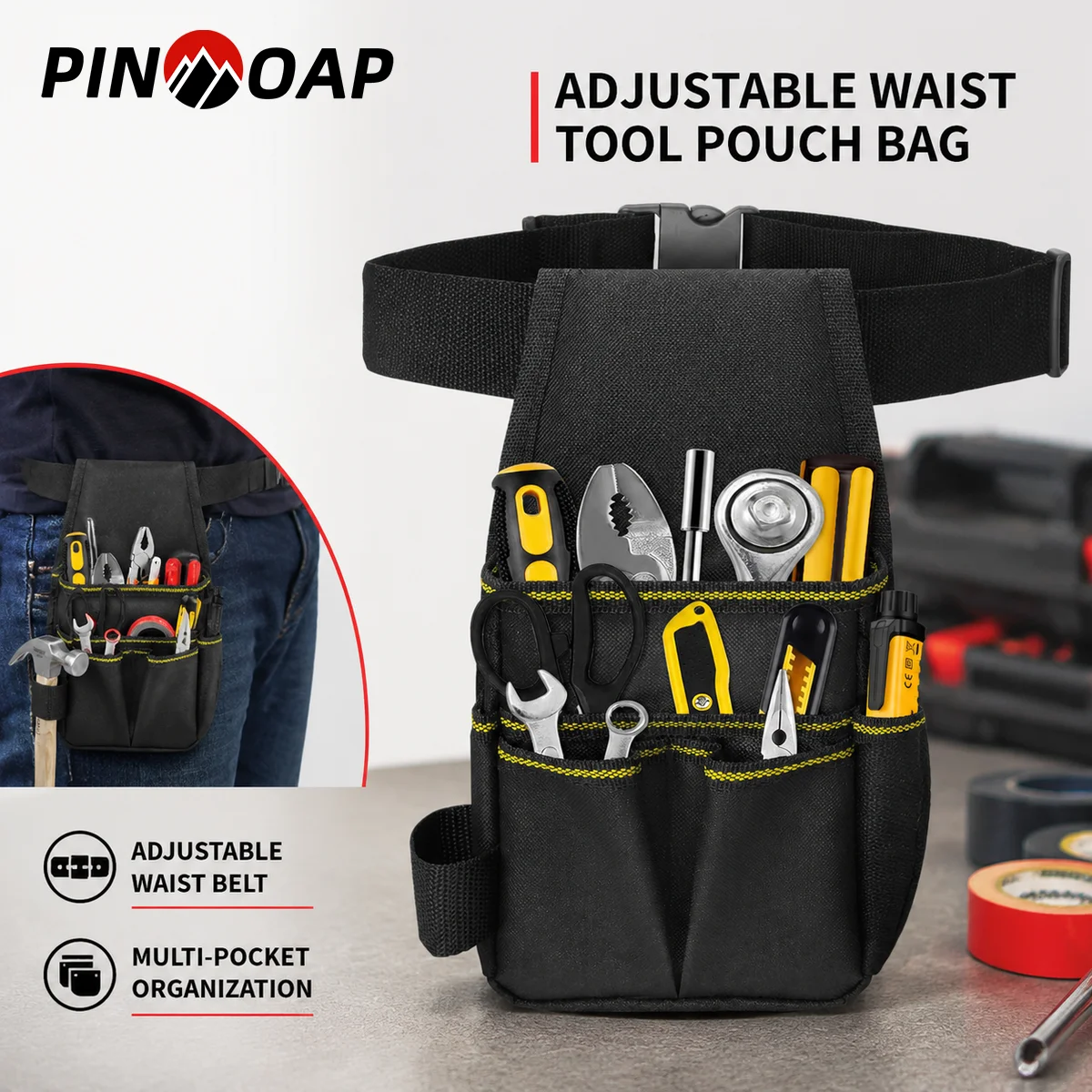 PINMOAP 1PC Practical Compact Adjustable Waist Tool Pouch Bag Multi Pocket Electrician Work Belt Tool Organizer Portable Storage