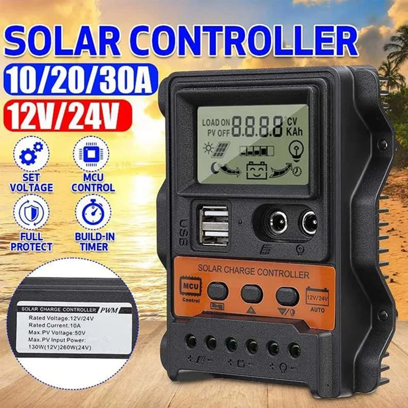 30A Solar Charge Controller 12V24V Solar Panel Battery Controller Regulator Auto 2 USB LCD Display Load Discharger