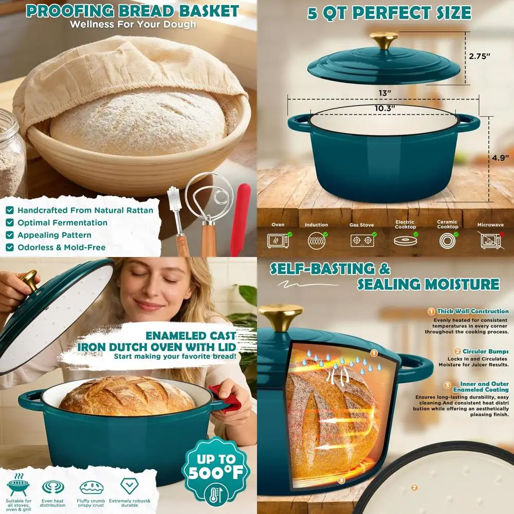 

Чугунная голландская духовка на 5 литров с крышкой, включает в комплект для выпечки хлеба на ударе: бантон, стартовая банка, нож с ламе, безопасный в духовке