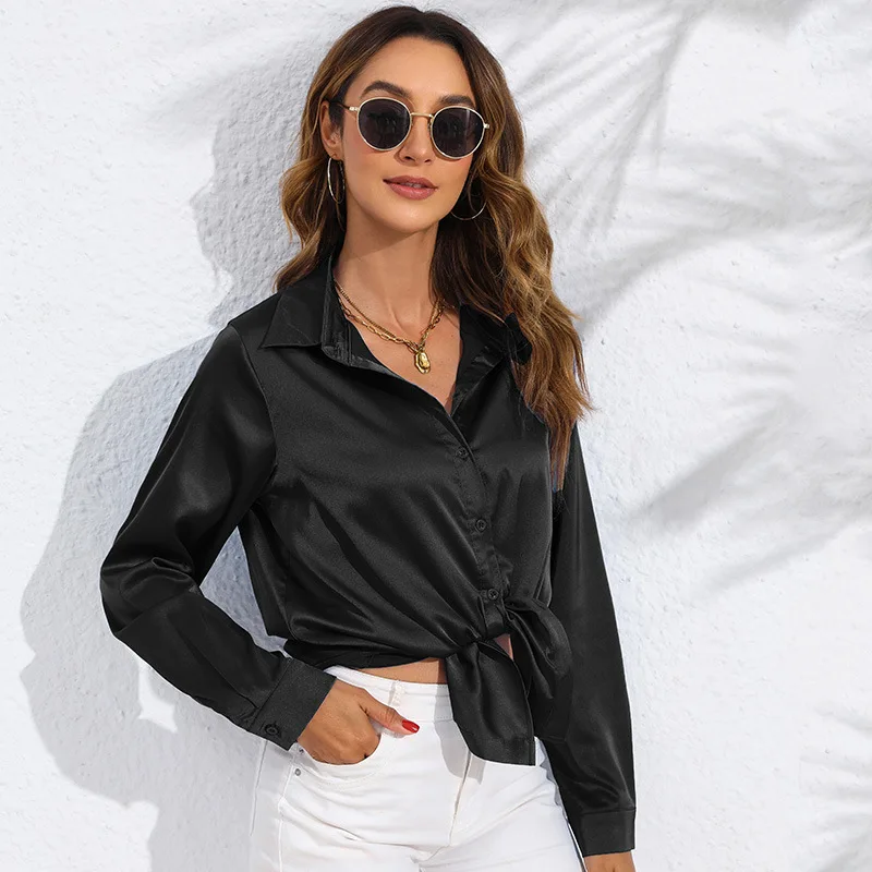 Women Satin Blouses Turn Soft Down Collar Shirts Office Lady Long Sleeve Casual Blouse Loose OL Shirt Baggy Tops Blusas 2024