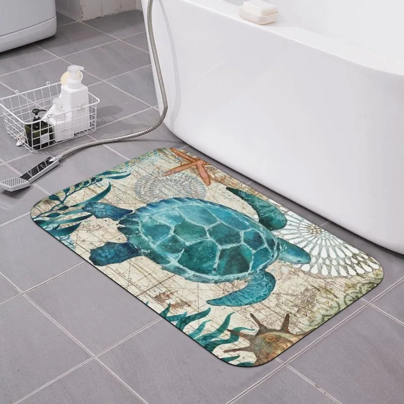 Badematte mit Meeresschildkröten-Seestern-Muster, rutschfester, saugfähiger Badezimmerteppich für Heimdekoration, waschbare Bodenmatte, Teppich im Meer-Stil