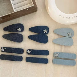 Trendy Vintage Soft Solid Blue Denim Snap Clips Star Barrette Lovely Y2k Elliptic Hairpin Headwear Hair Accessories for Women