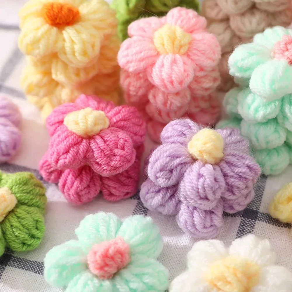 5/50pcs Handmade Knitted Wool Flower DIY Accessories Girls Cute Puff Color Flower Bag Clothes Hairpin Jewelry Decor Craft