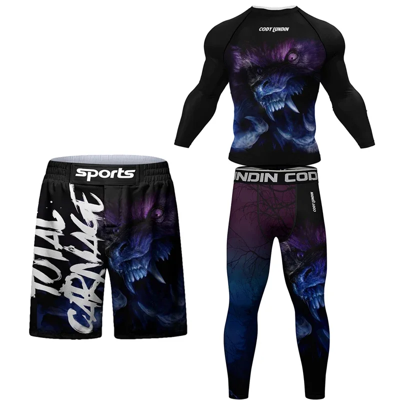 Nowa męska koszulka MMA + spodenki Muay Thai bokserska Rashguard zestaw koszulek dresy sportowe Boxeo Jiu Jitsu koszulki Bjj