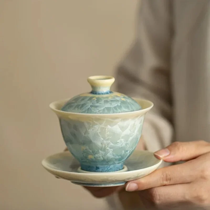 High-grade crystal glaze Sancai cover bowl, small fresh kung fu tea set, ceramic tea bowl