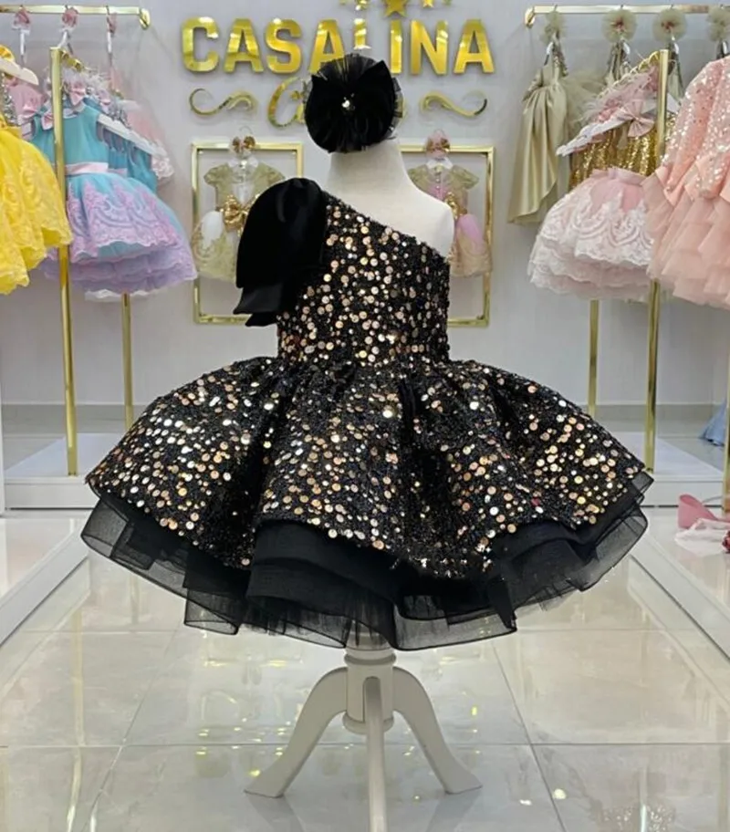 Vestido de un hombro para niña pequeña, traje de fiesta de princesa, lentejuelas brillantes, color negro, primera comunión