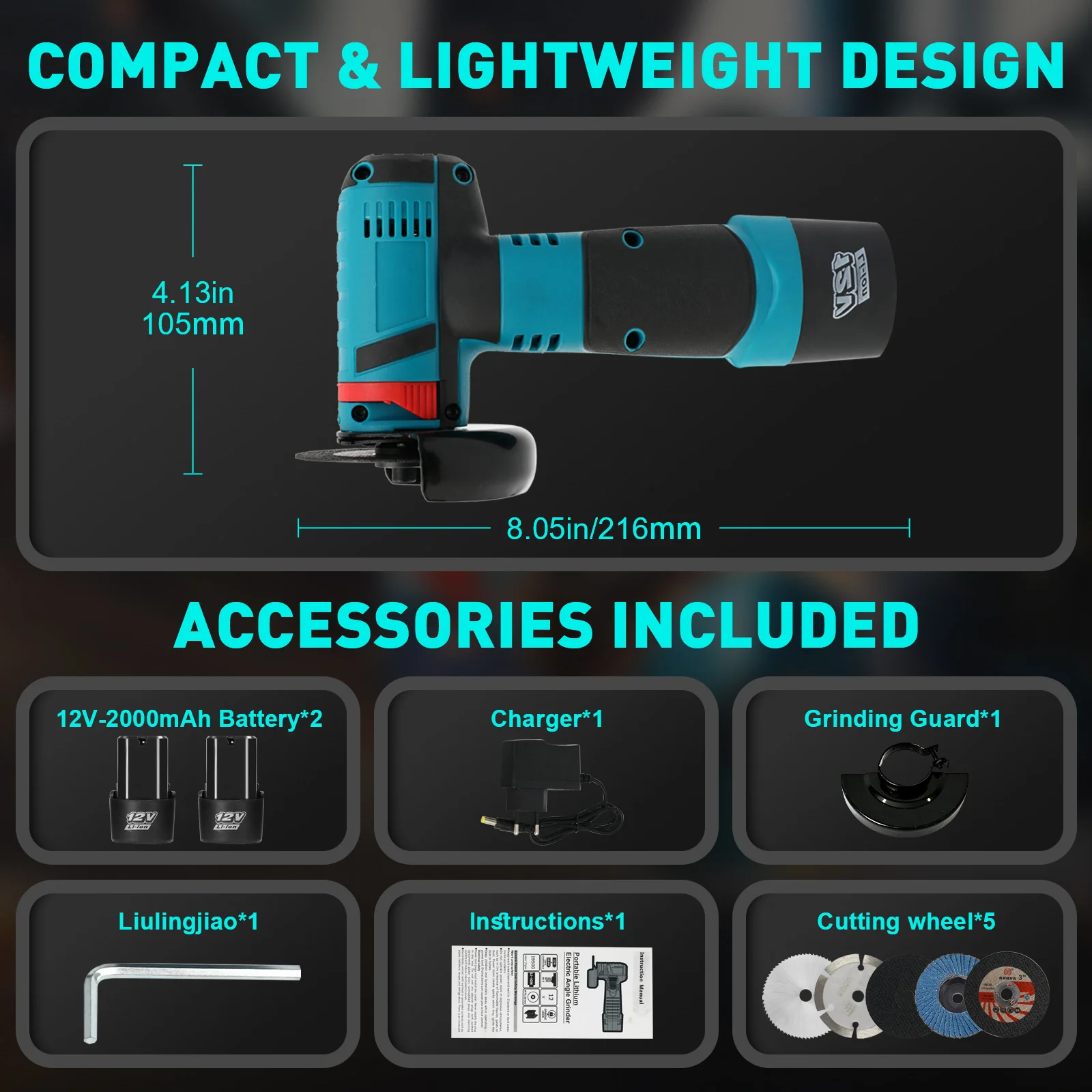Angle Grinder Cordless Grinder Car Polisher Electric Brushless 12V 16800RPM 5 Discs with 2 Battery 2.0Ah n Charger Strong Power