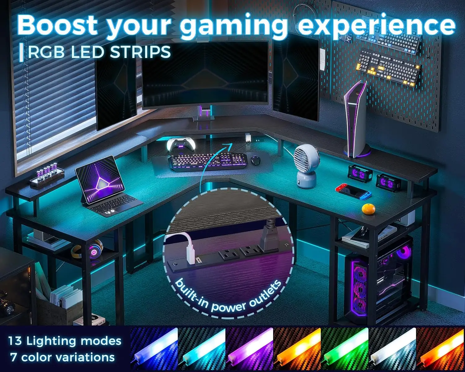 Coleshome L-förmiger Gaming-Schreibtisch mit LED-Leuchten und Steckdosen, reversibler 56-Zoll-Computertisch mit vollem Monitorst änder und Stauraum