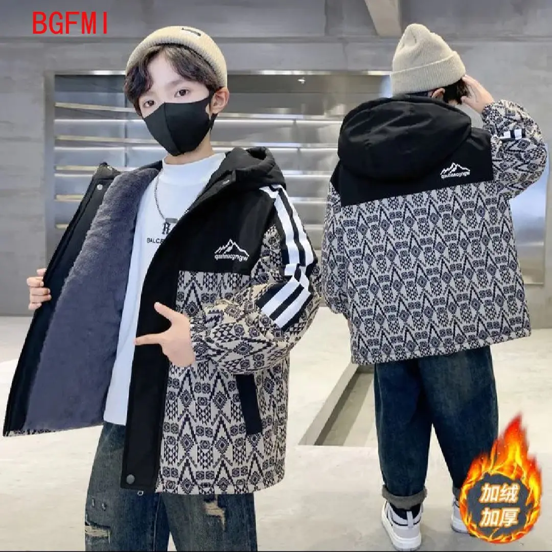 

Корейские детские парки, зимняя одежда для мальчиков и подростков, теплые пальто, утепленные куртки с капюшоном, детский уличный зимний комбинезон с буквенным принтом