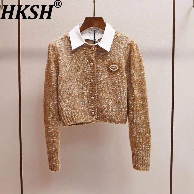 

HKSH Spring Autumn New Women's Short Sweater Knitted Cardigan Fake Two-Piece Turn-Down Collar Single Breasted Chic Coats HK14109