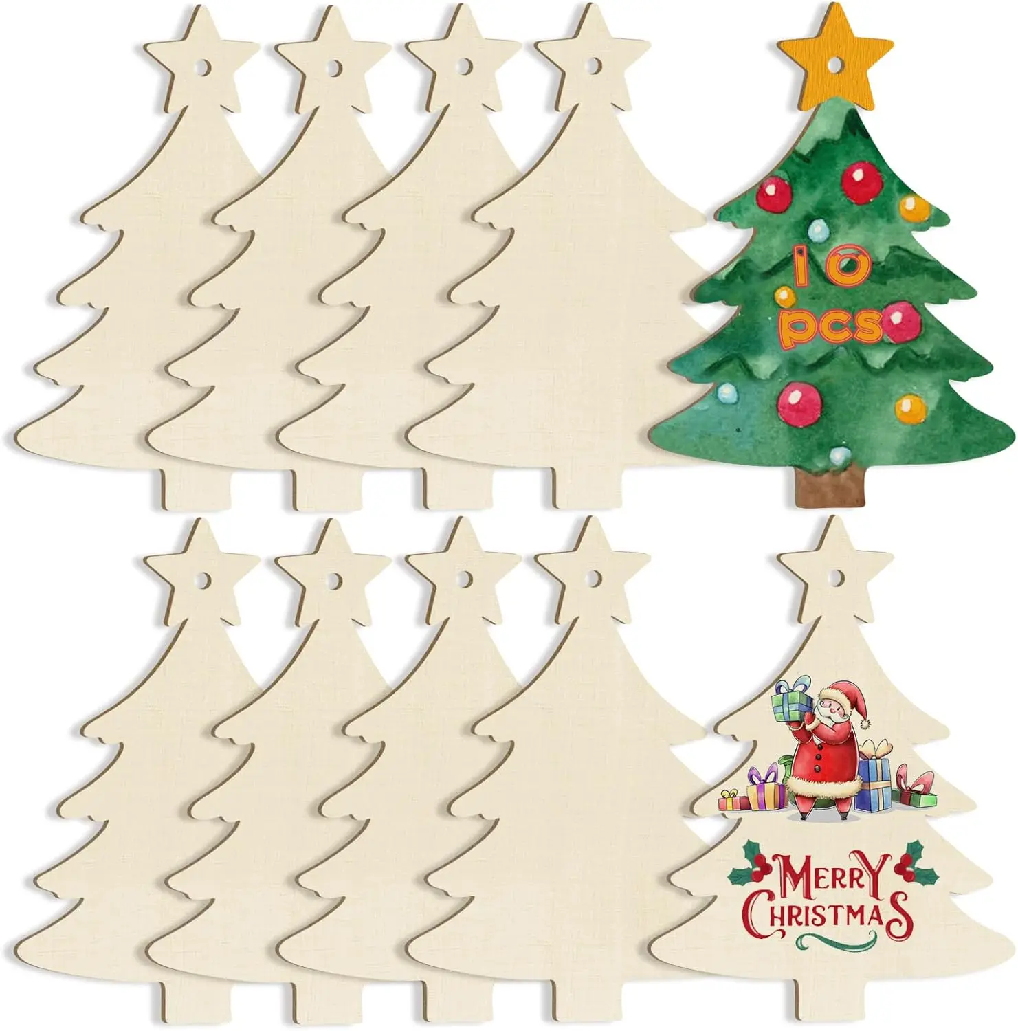 

10Pcs Christmas Wooden Ornaments , DIY Blank Unfinished Christmas Wood Cutout Ornament for Crafts Hanging Christmas Decorations