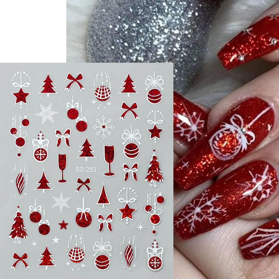 3 szt. Kawaii Świąteczne Brokatowe Naklejki na Paznokcie 3D Złote Czerwone Dzwoneczki Gwiazdy Płatki Śniegu Drzewka Naklejki Zimowy Festiwal Suwak Dekoracja