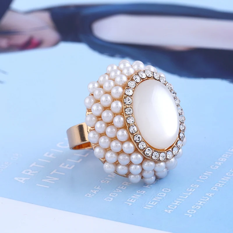 Vintage White Opal Crystal Ring for Women Luxury Natural Pearl Gold Color Adjustable Rings Female Bohemian Jewelry Anillos