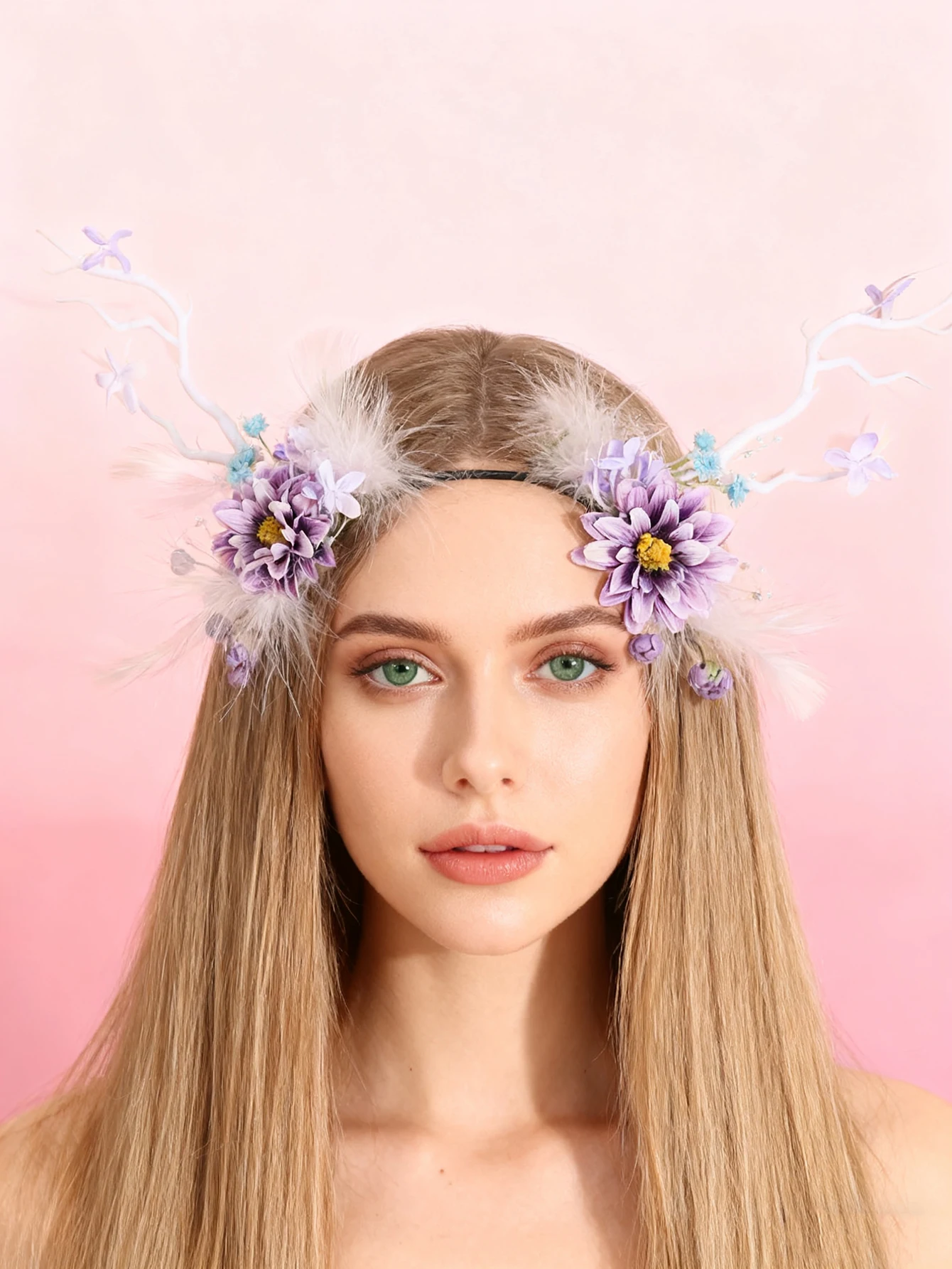Forest-Style Antler Headband with Simulated Branches and Flowers, Photo Studio Props, Hair Accessories, Christmas Decorations, Party Supplies