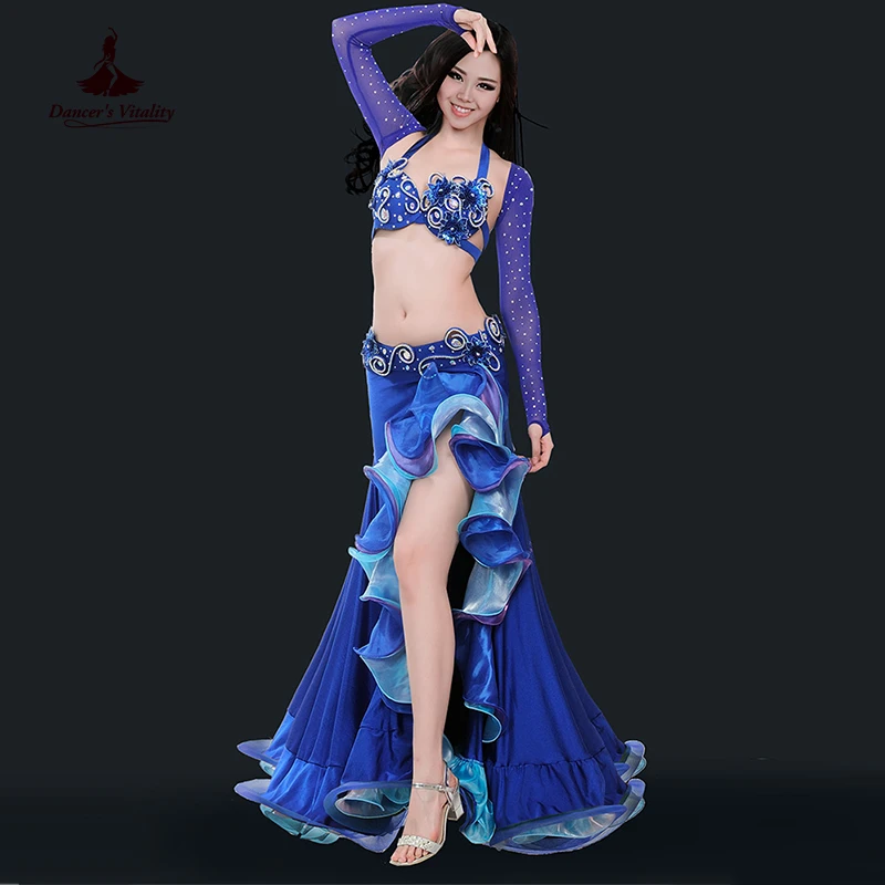 Belly Danceเสื้อผ้าผู้หญิงหรูหราBelly DanceชุดBra + ไหล่ + เข็มขัด + กระโปรง 4Pcs Belly Danceเสื้อผ้าชุดประสิทธิภาพชุดS M L