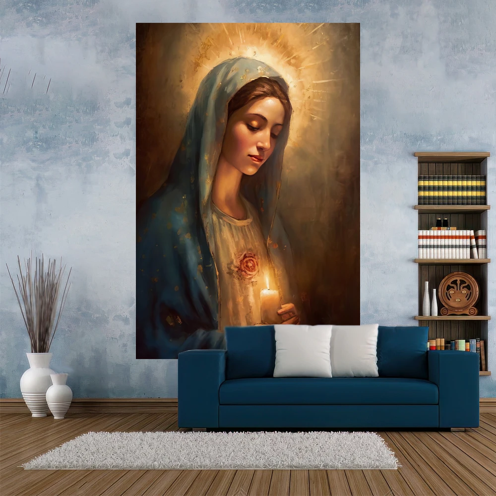 Virgin Mary Catholic Tapestry Religious Painting Printed Wall Hanging Carpets Bedroom Or Home For Decoration Dorm Backdrop